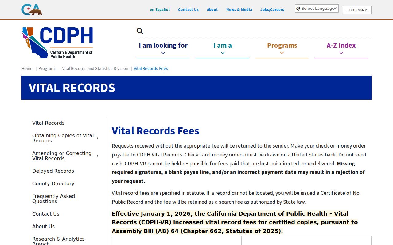South Pasadena previous residents vital record fees