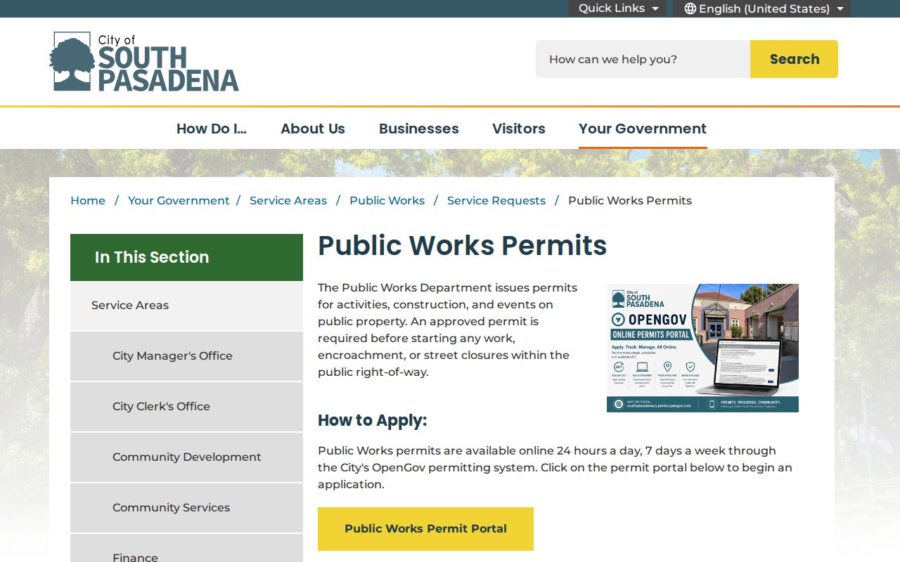 South Pasadena street directory public works permit request